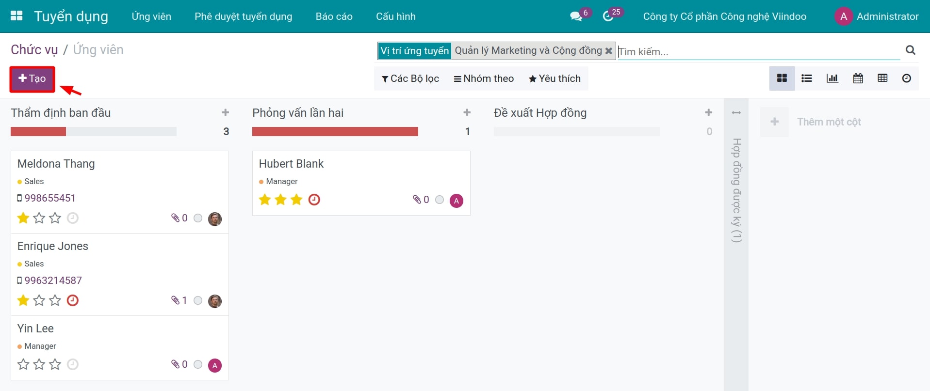 Tạo ứng viên cho một chức vụ cụ thể.