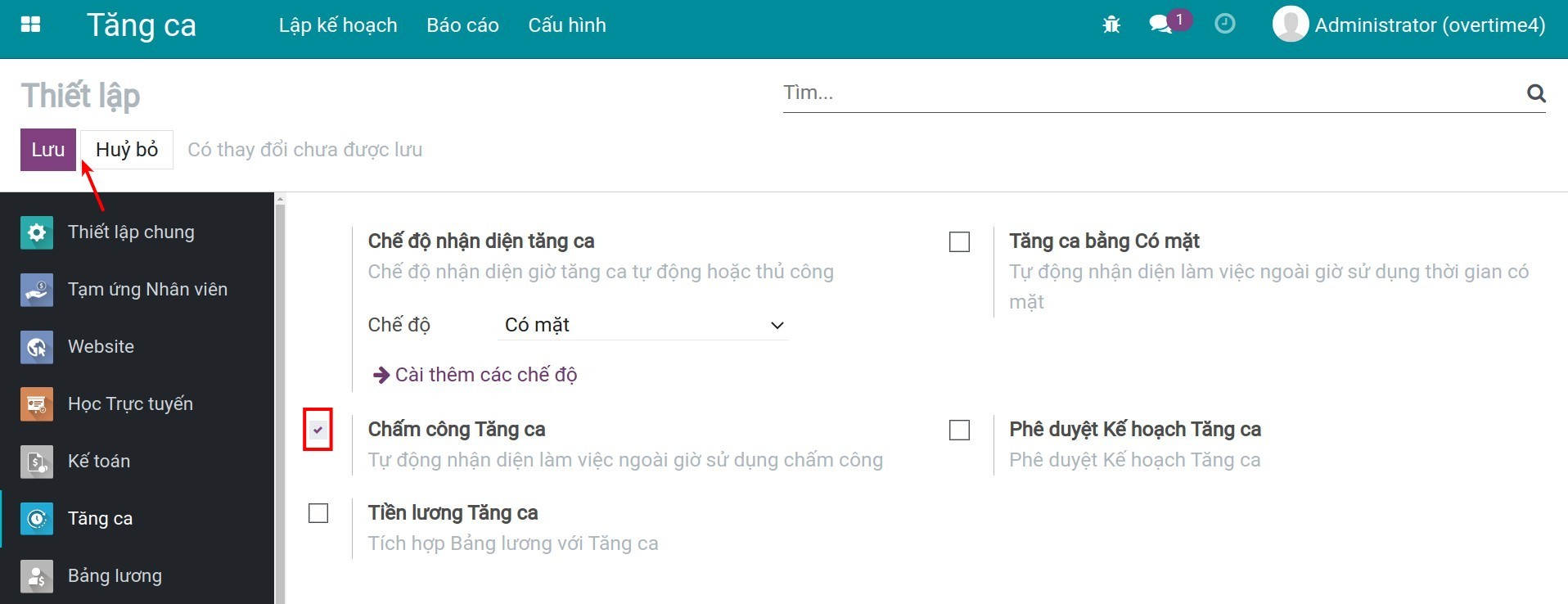 Kích hoạt Chấm công tăng ca