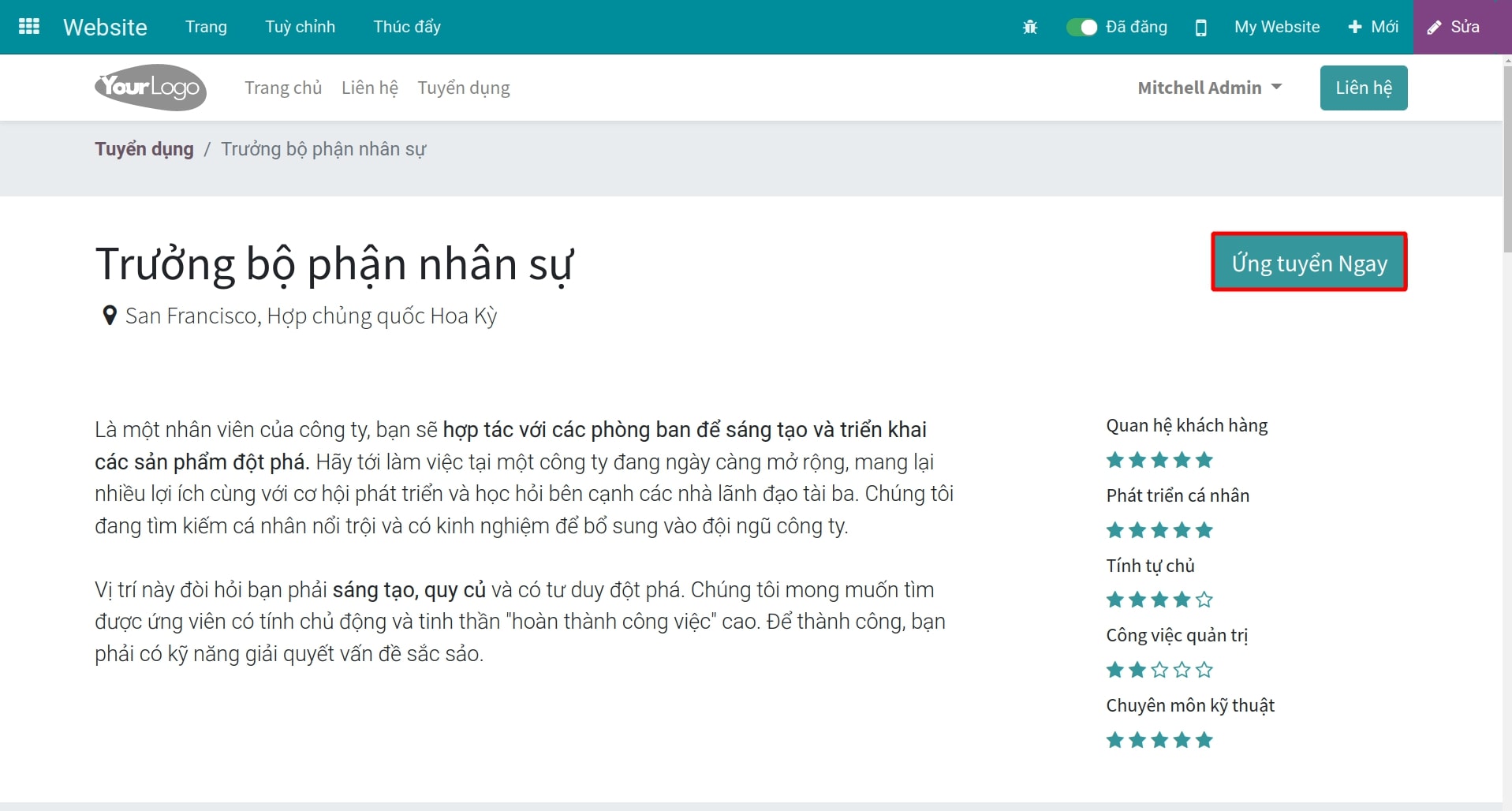 Giao diện tuyển dụng Chức vụ