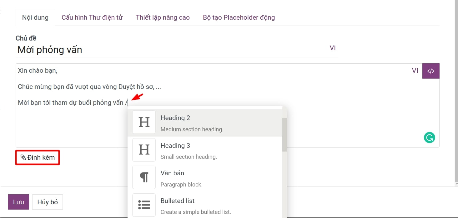 Tạo mẫu email tab nội dung, đính kèm