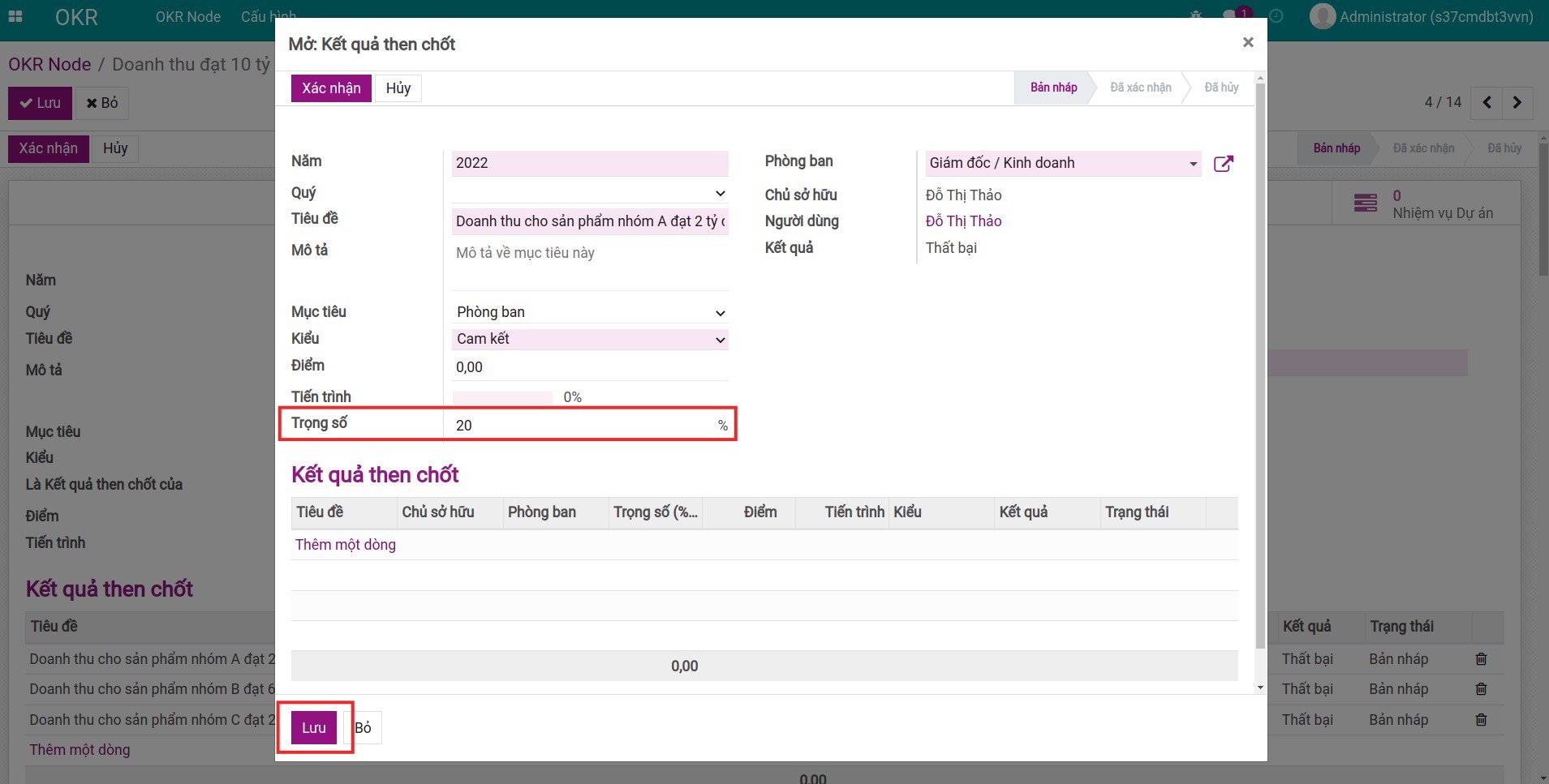 Thiết lập trọng số trong Viindoo OKR