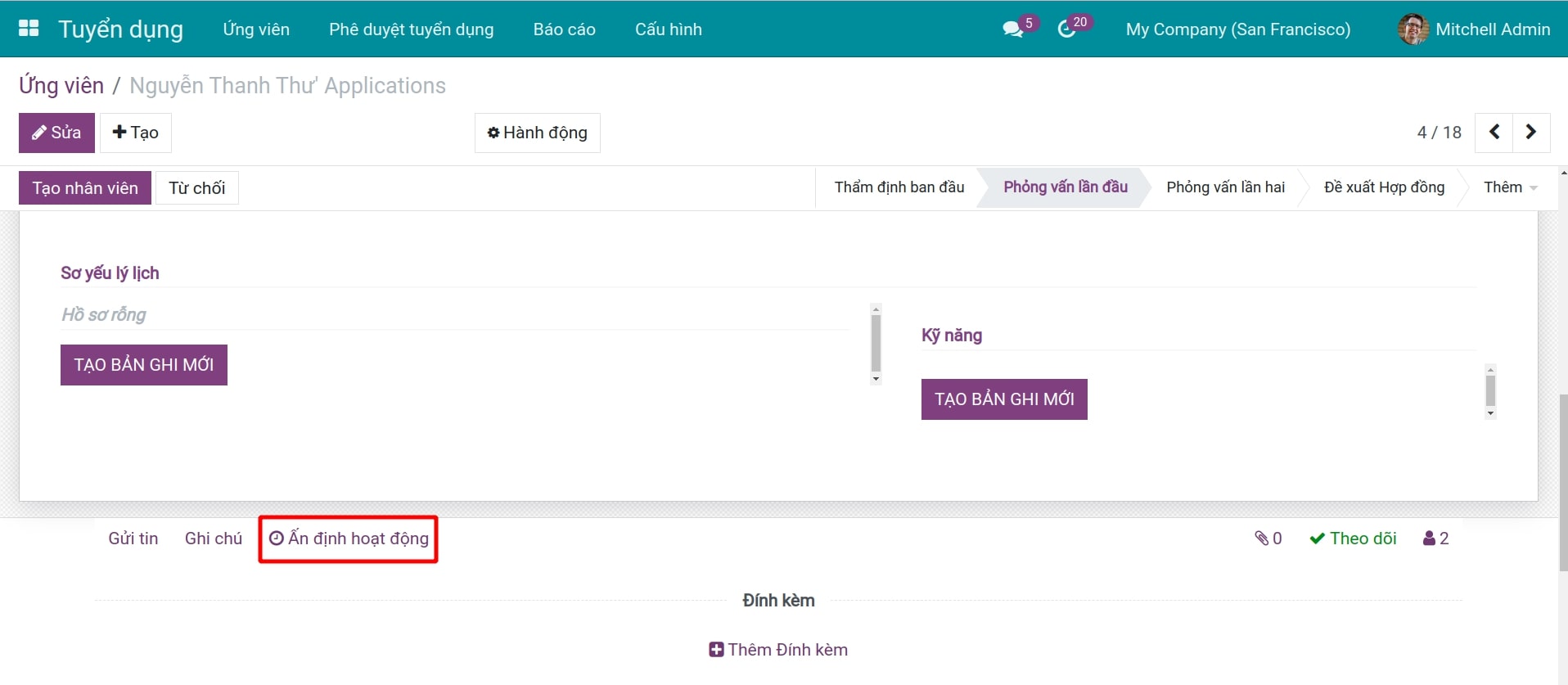 Bấm vào nút **Ấn định hoạt động**.
