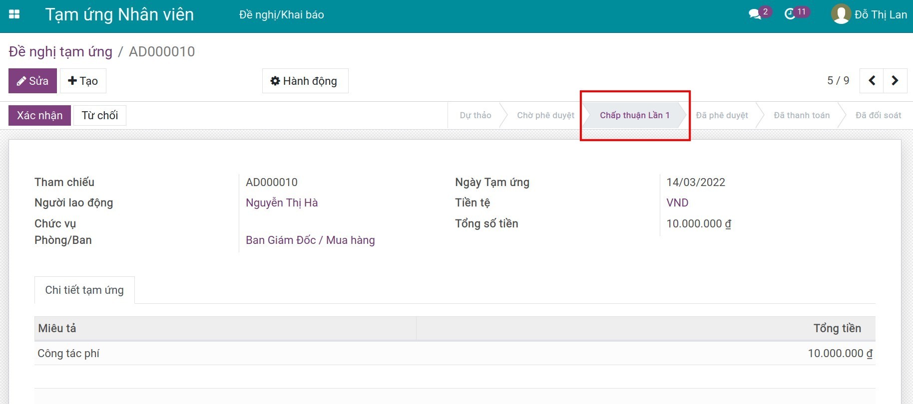 Trạng thái chấp thuận lần 1