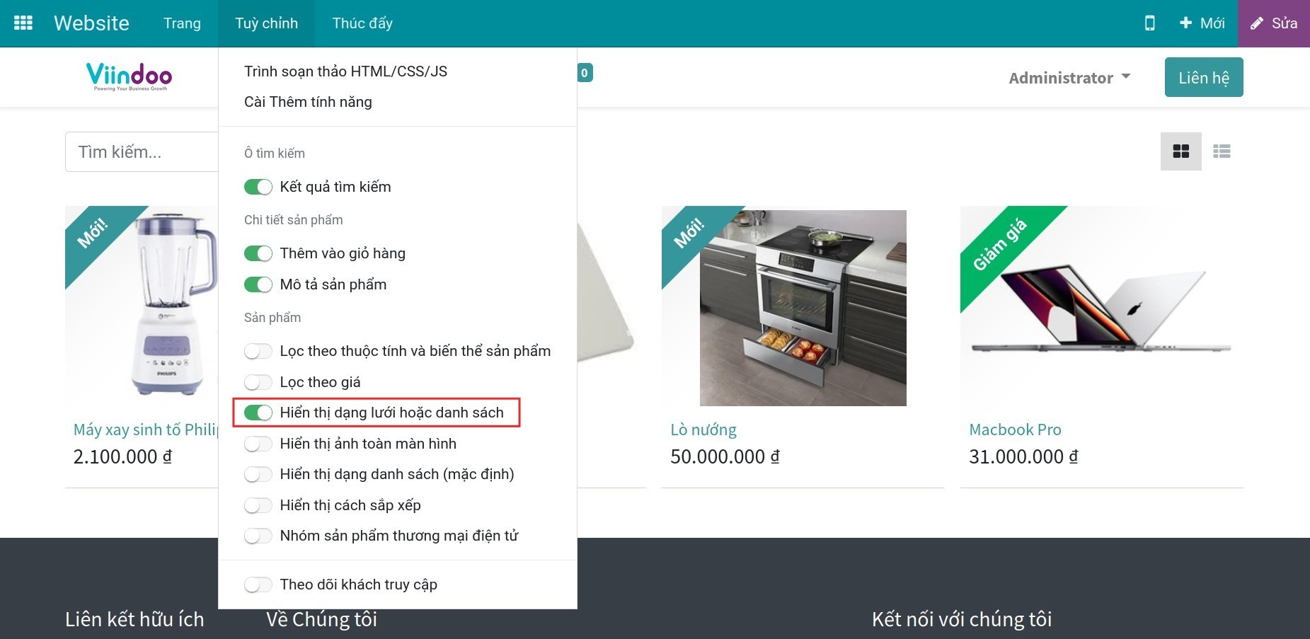 Tính năng hiển thị nút lưới, danh sách
