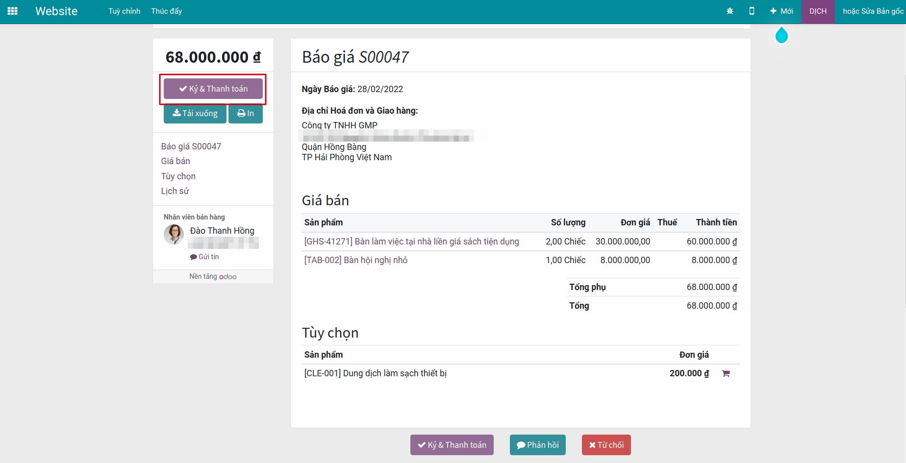 Báo giá online trên website Viindoo