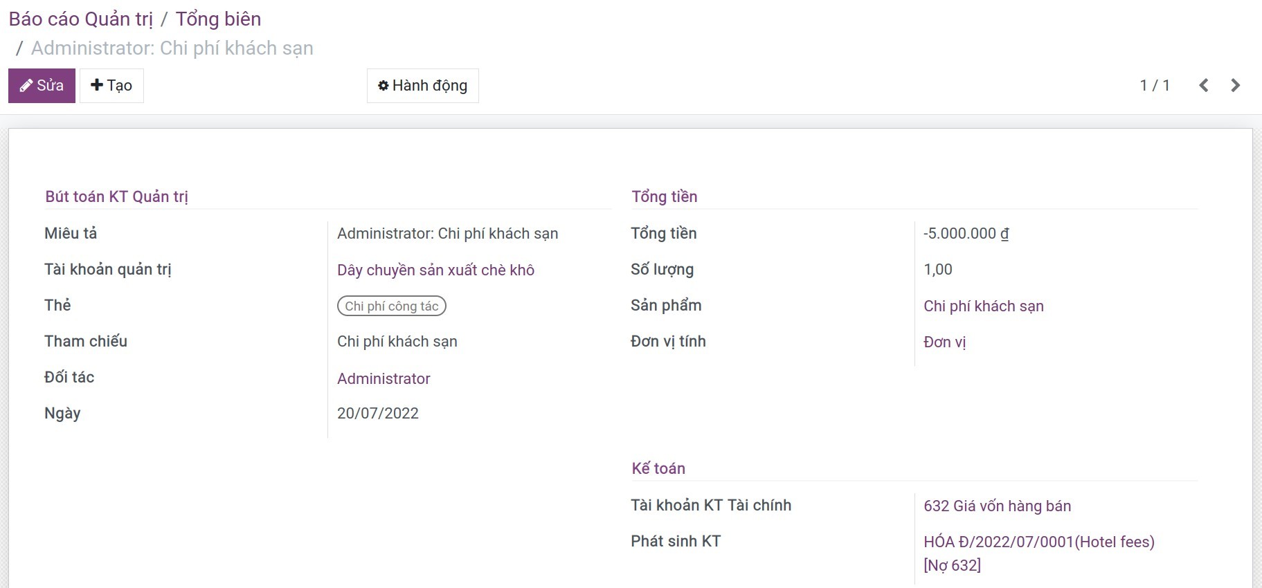 Chi tiết bút toán quản trị