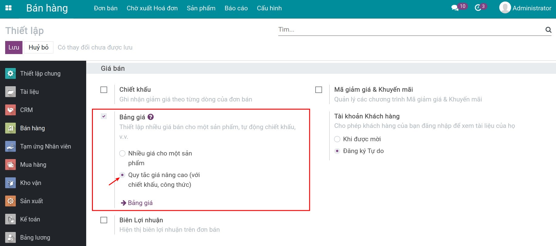 Cài đặt tính năng bảng giá trên Viindoo