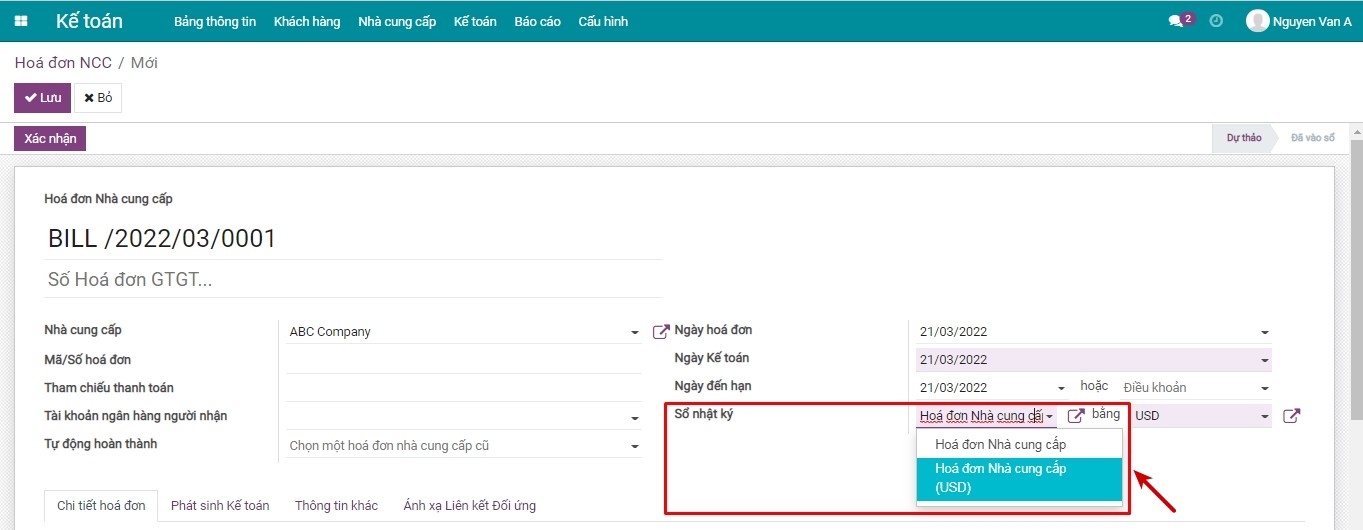 Chọn sổ nhật ký trên giao diện hóa đơn Viindoo