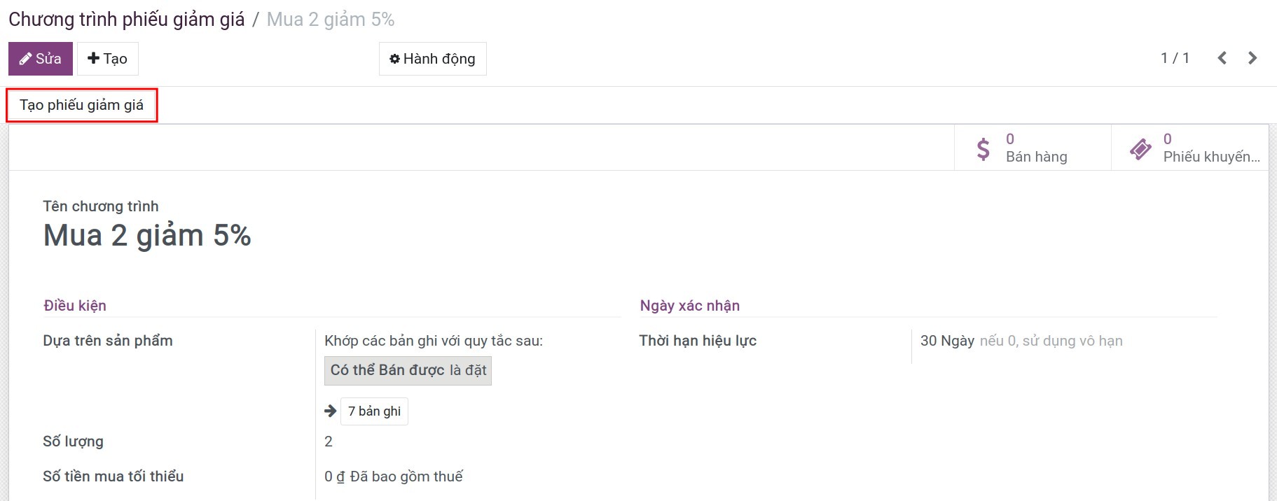 Tạo phiếu giảm giá trên Viindoo