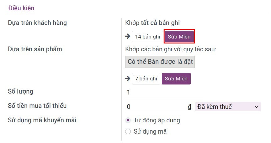 Thiết lập điều kiện chương trình khuyến mãi