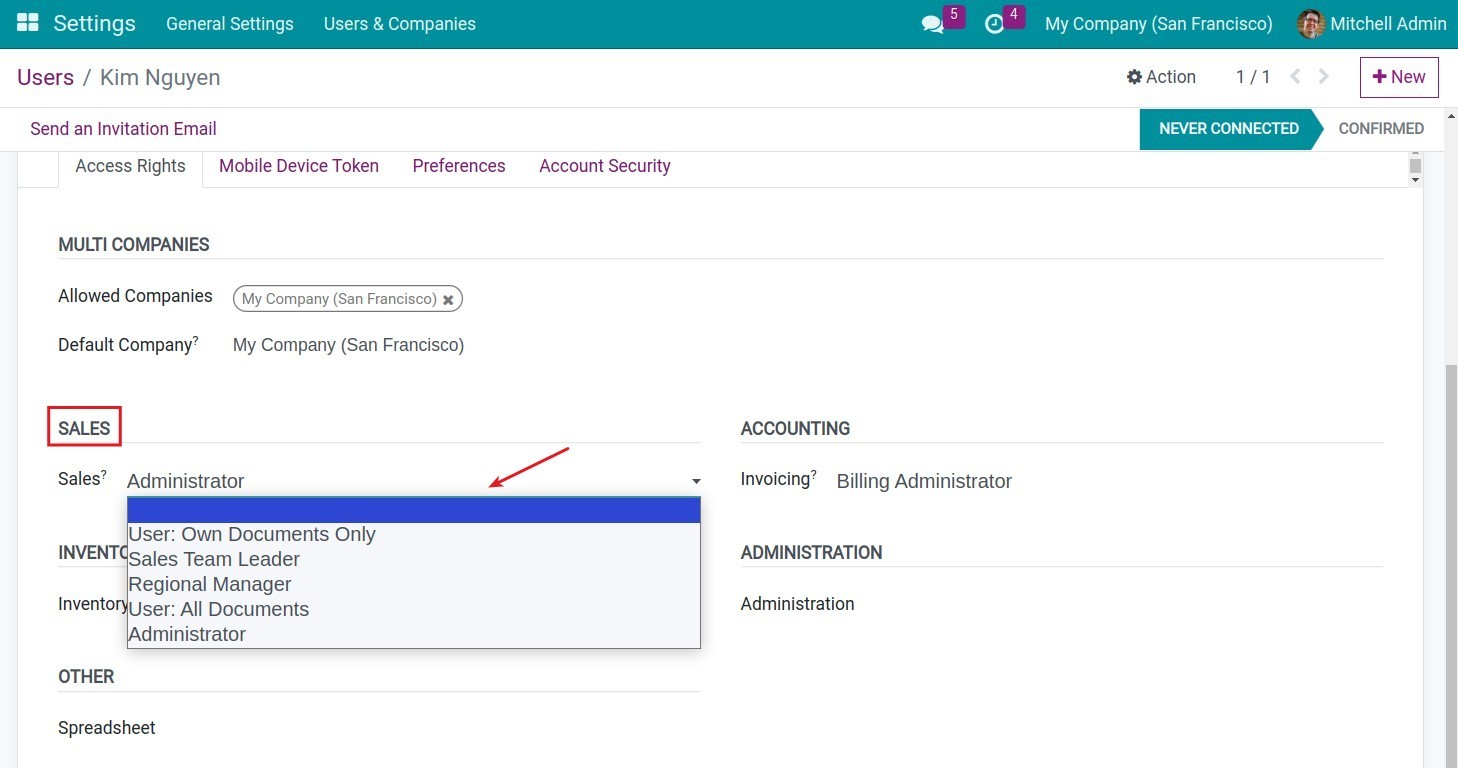 Granting user access rights to Sales Target