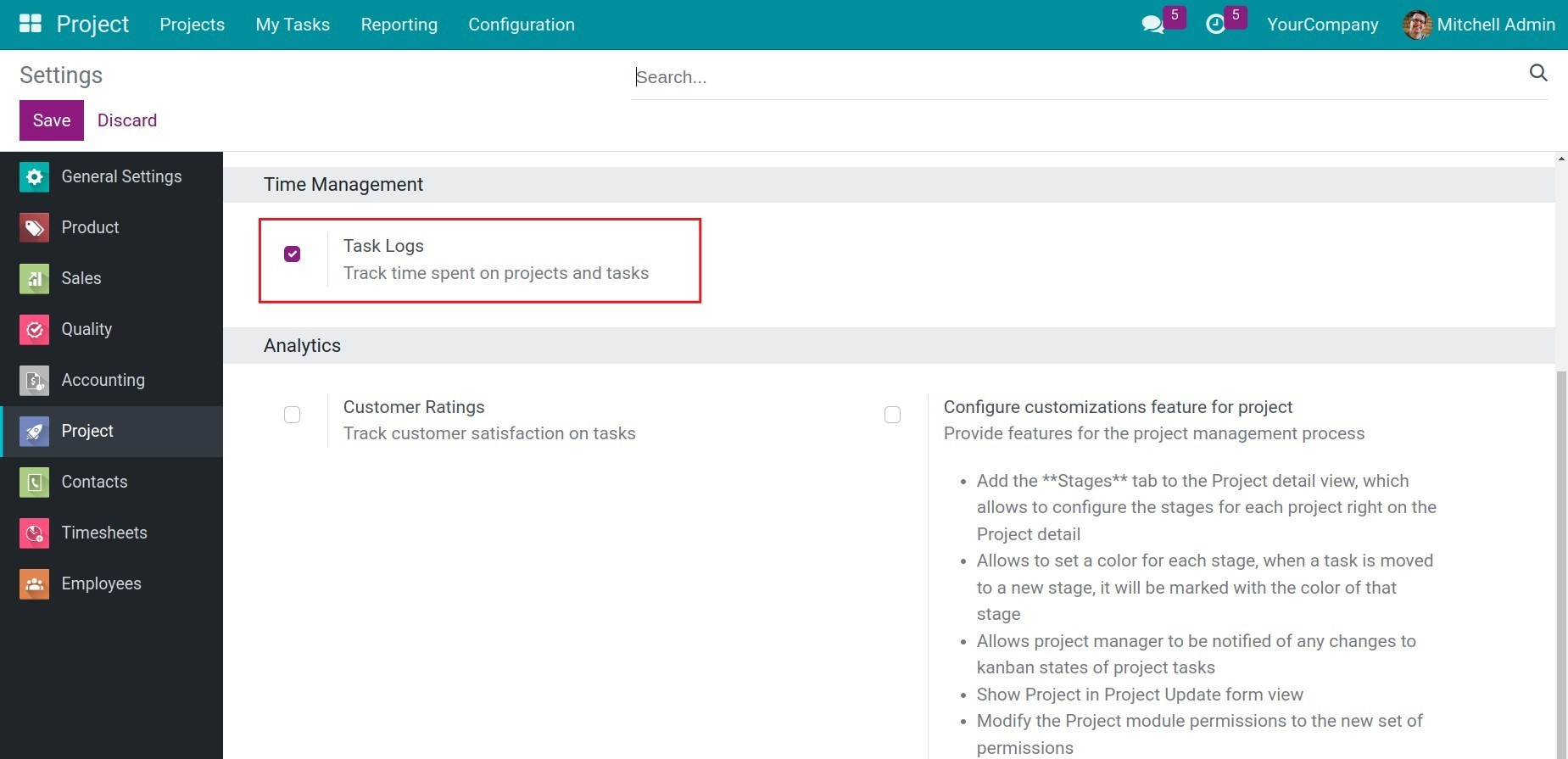 Enable the task logs feature on Project Viindoo