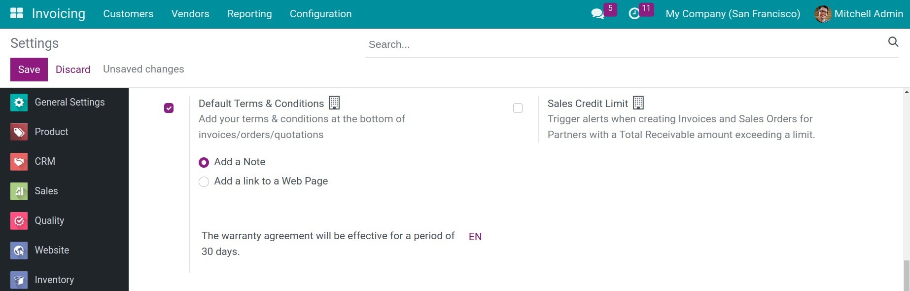 Add a note default terms & conditions