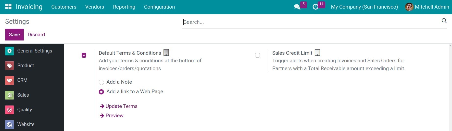 Add a link to a web page default terms & conditions