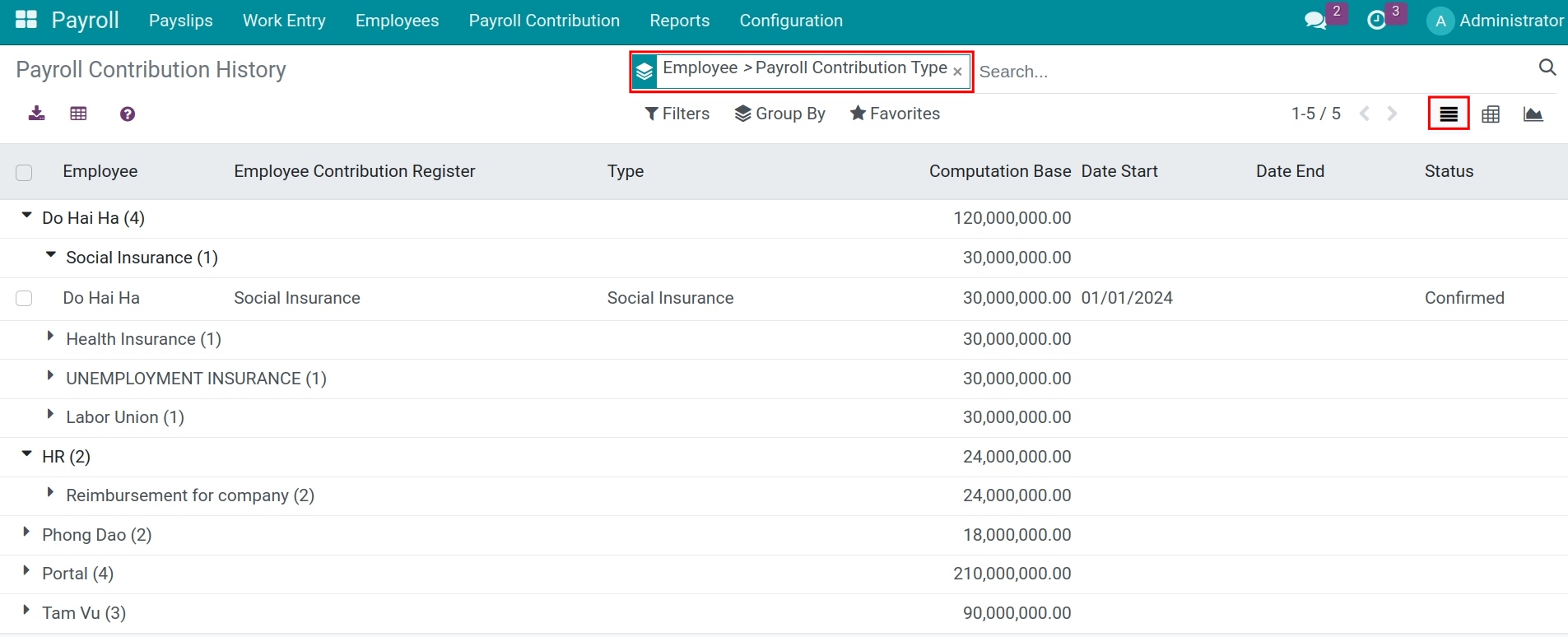 Payroll contribution history in list view - Viindoo payroll app
