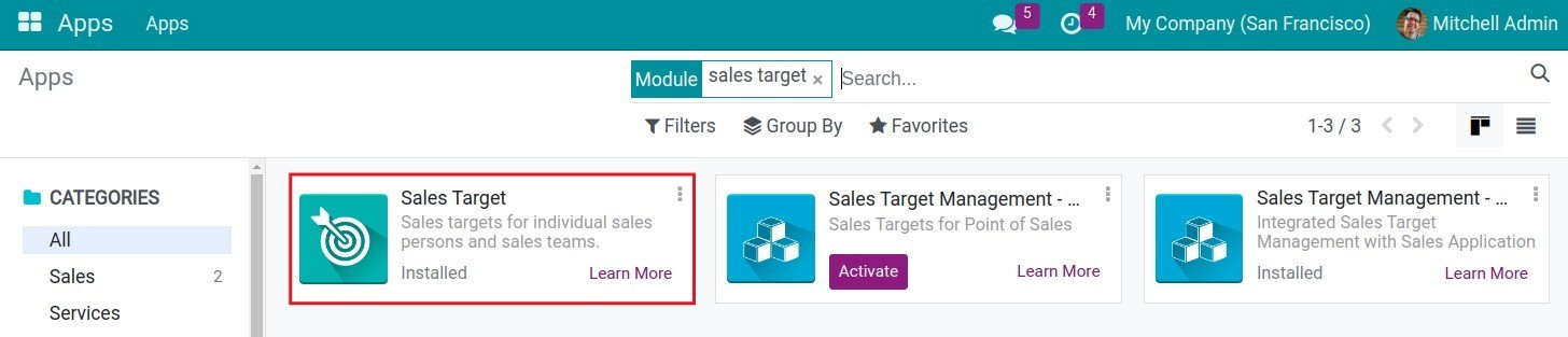 Install sales target on Viindoo