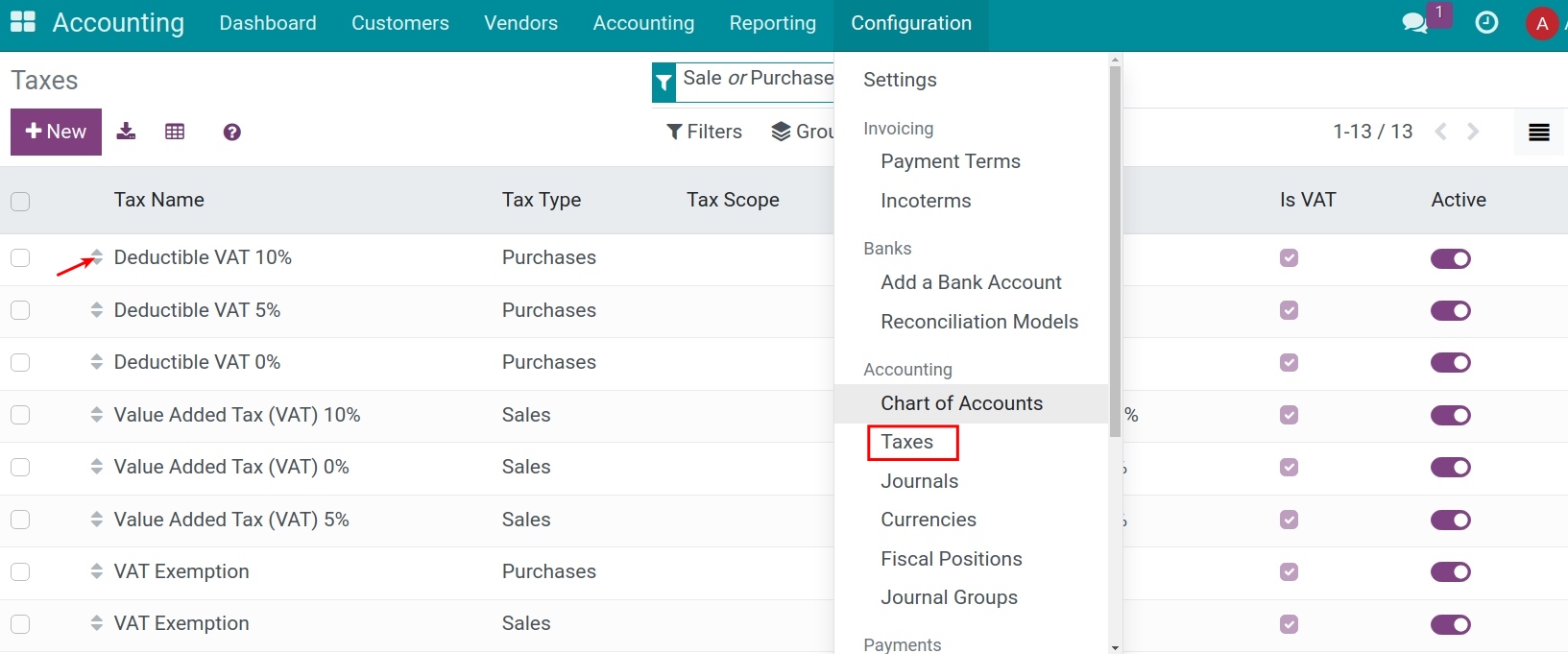 Select the taxes that needed to be modified