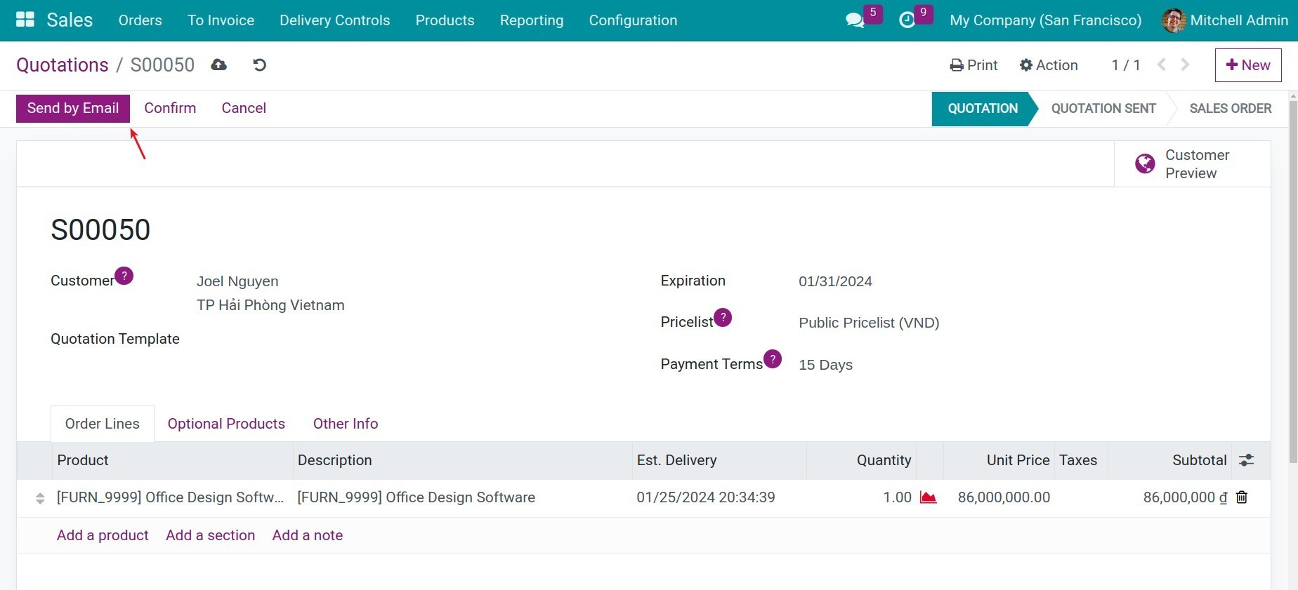 Email quotations to customer in Viindoo
