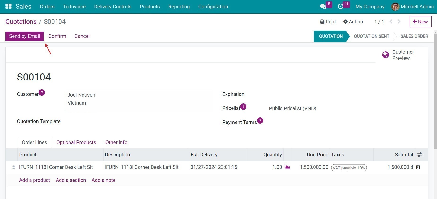 Send quotation email Online Payment - Viindoo.
