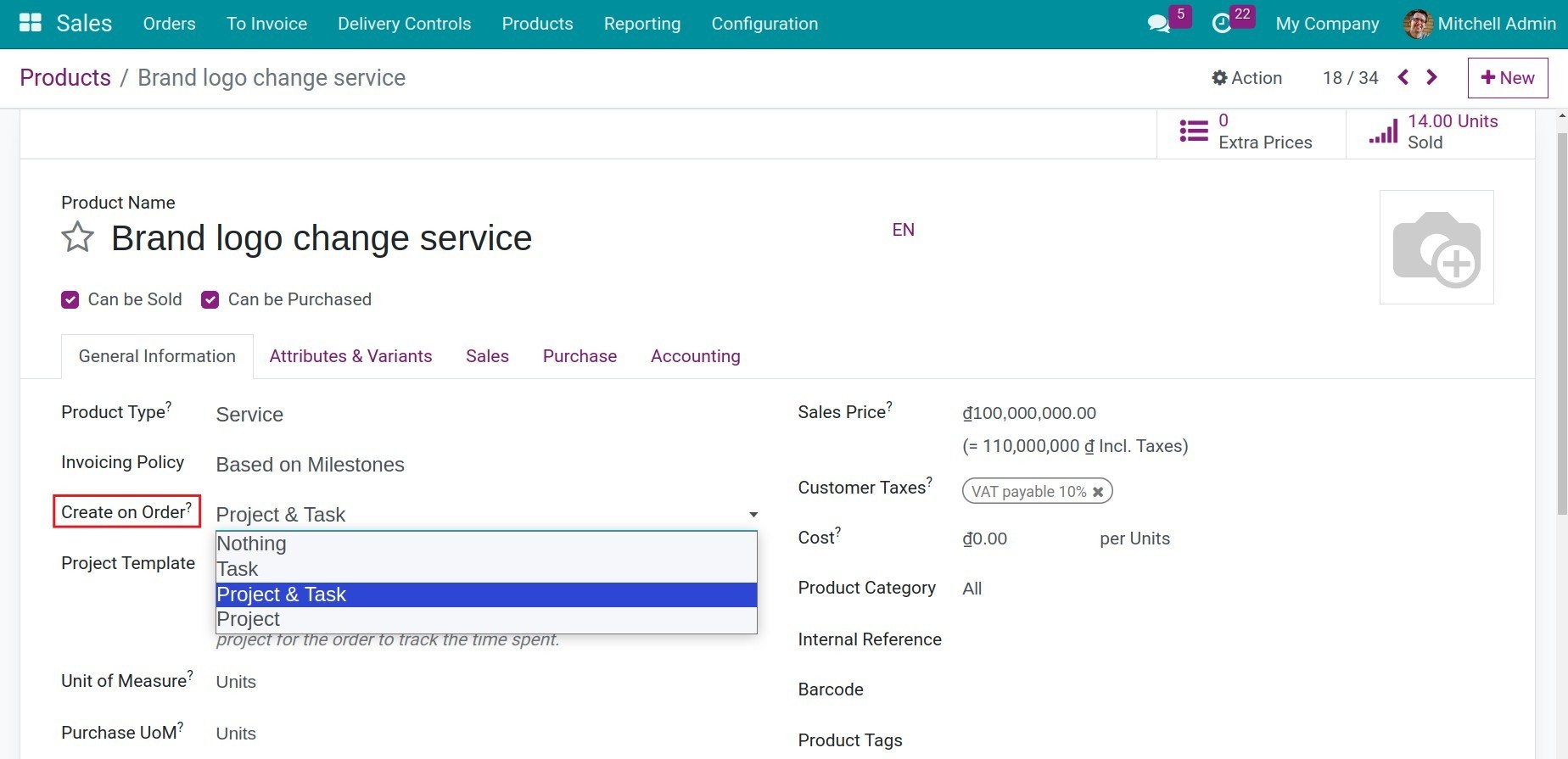 Create on order when create a milestone product in Viindoo