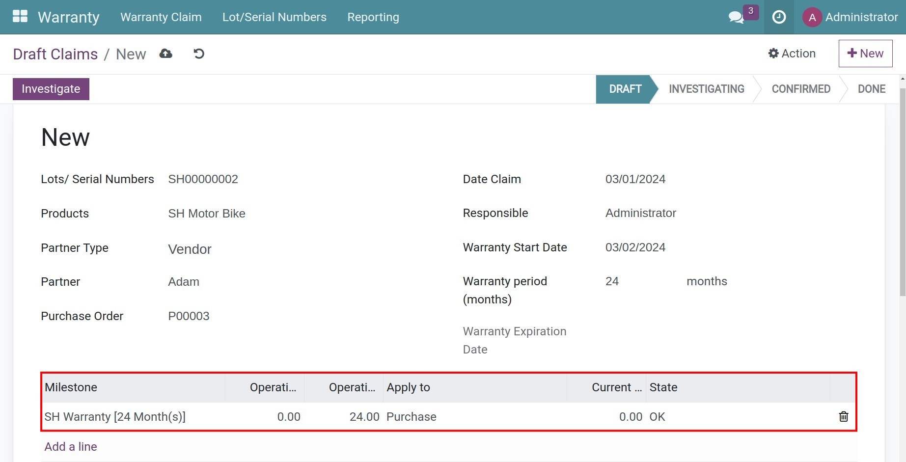 Add milestone details to a warranty claim
