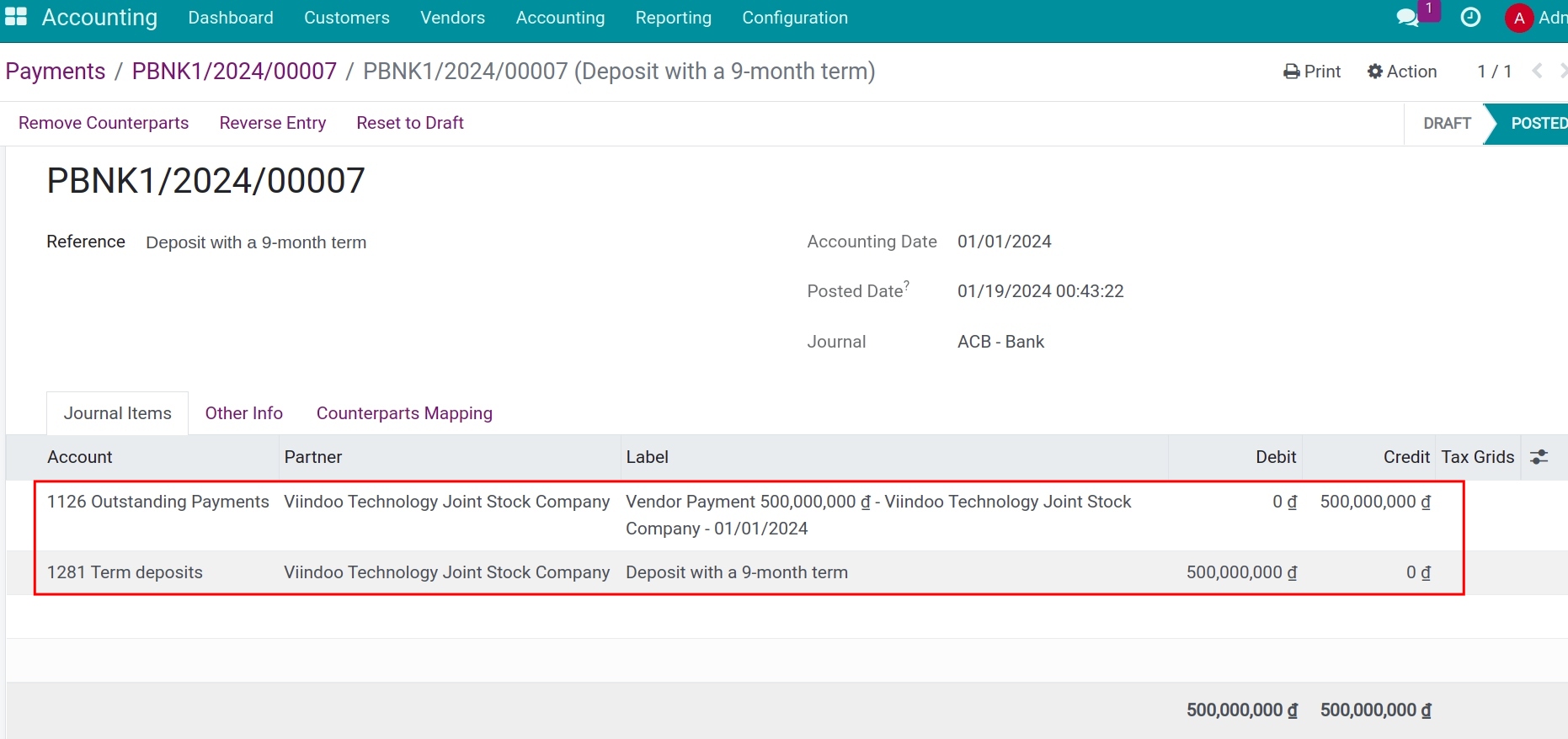 Journal entries of time deposit transaction