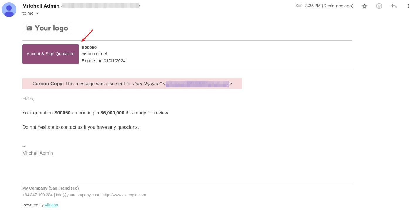 Received email quotation in Viindoo
