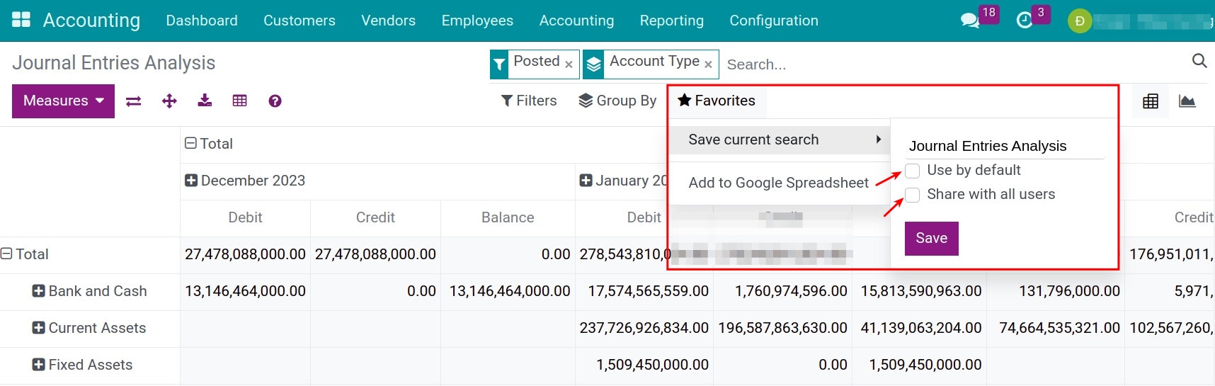Save current search as favorite - Viindoo Accounting app