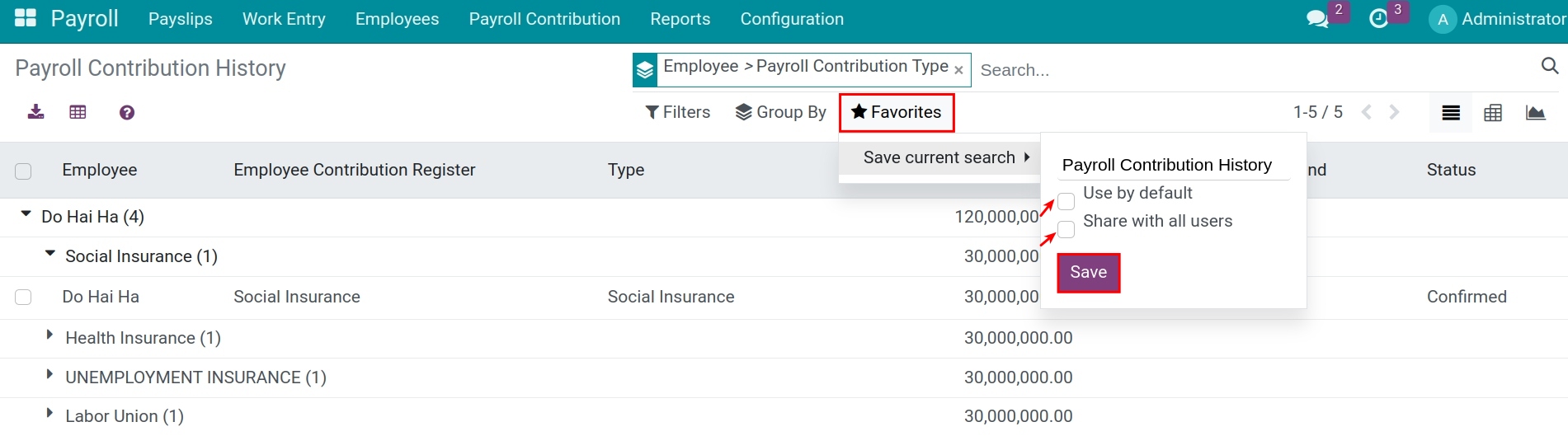 Save to favorites search - Viindoo payroll app