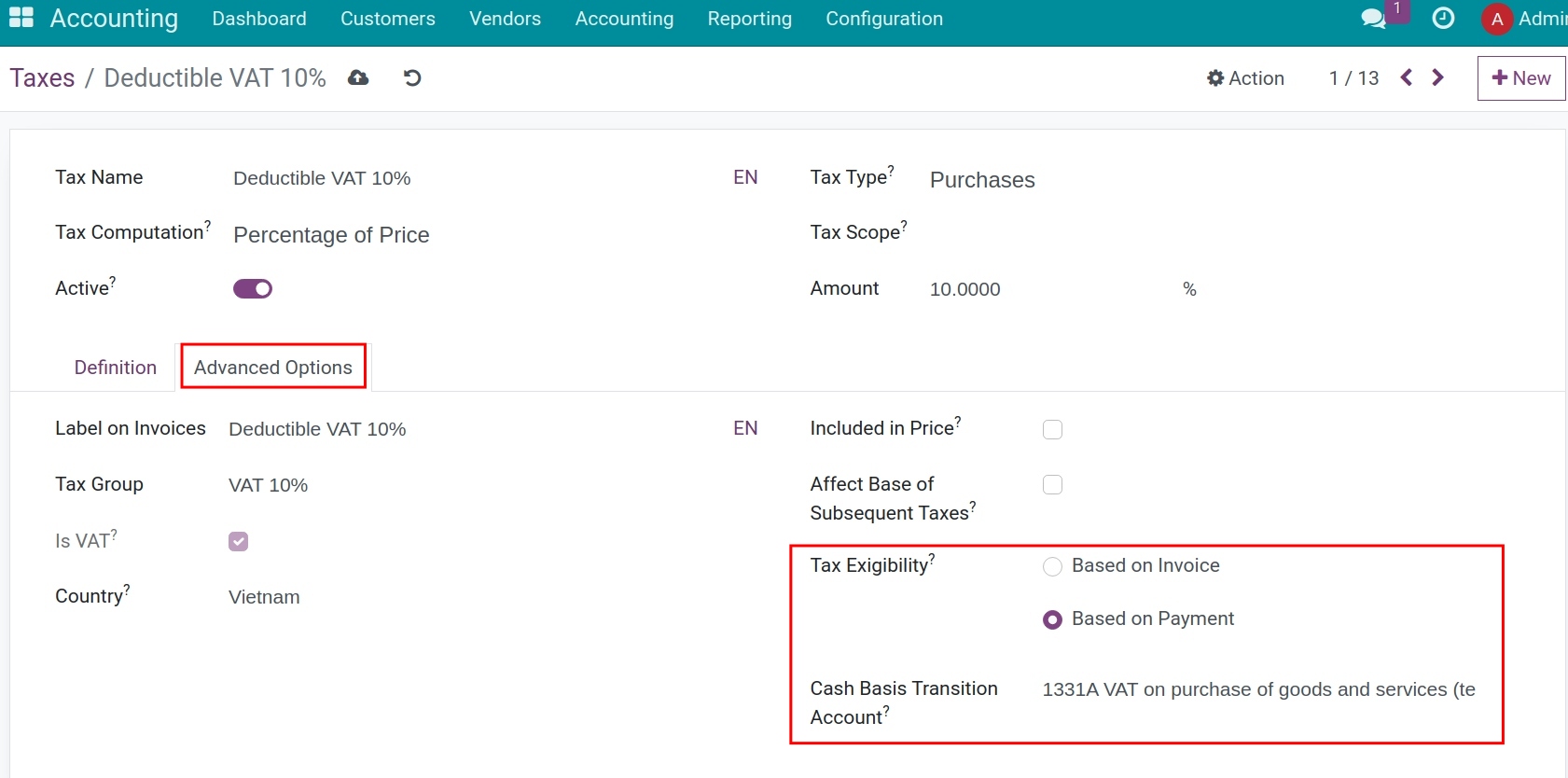 Set up taxes recording when the transaction is paid