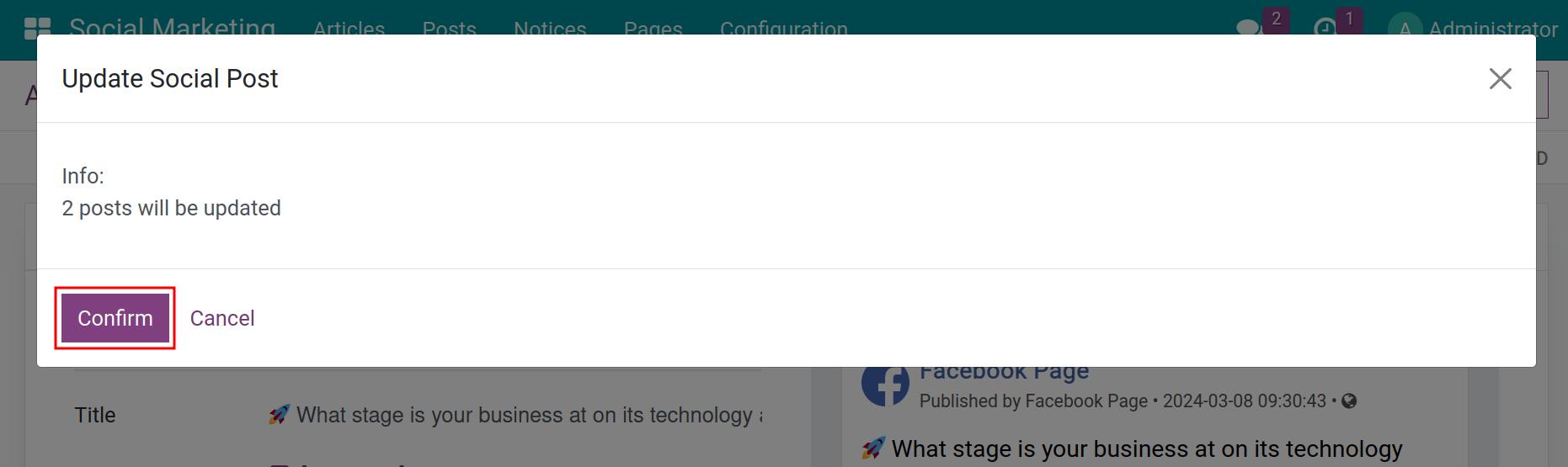 Confirm update social posts Viindoo Social Marketing app