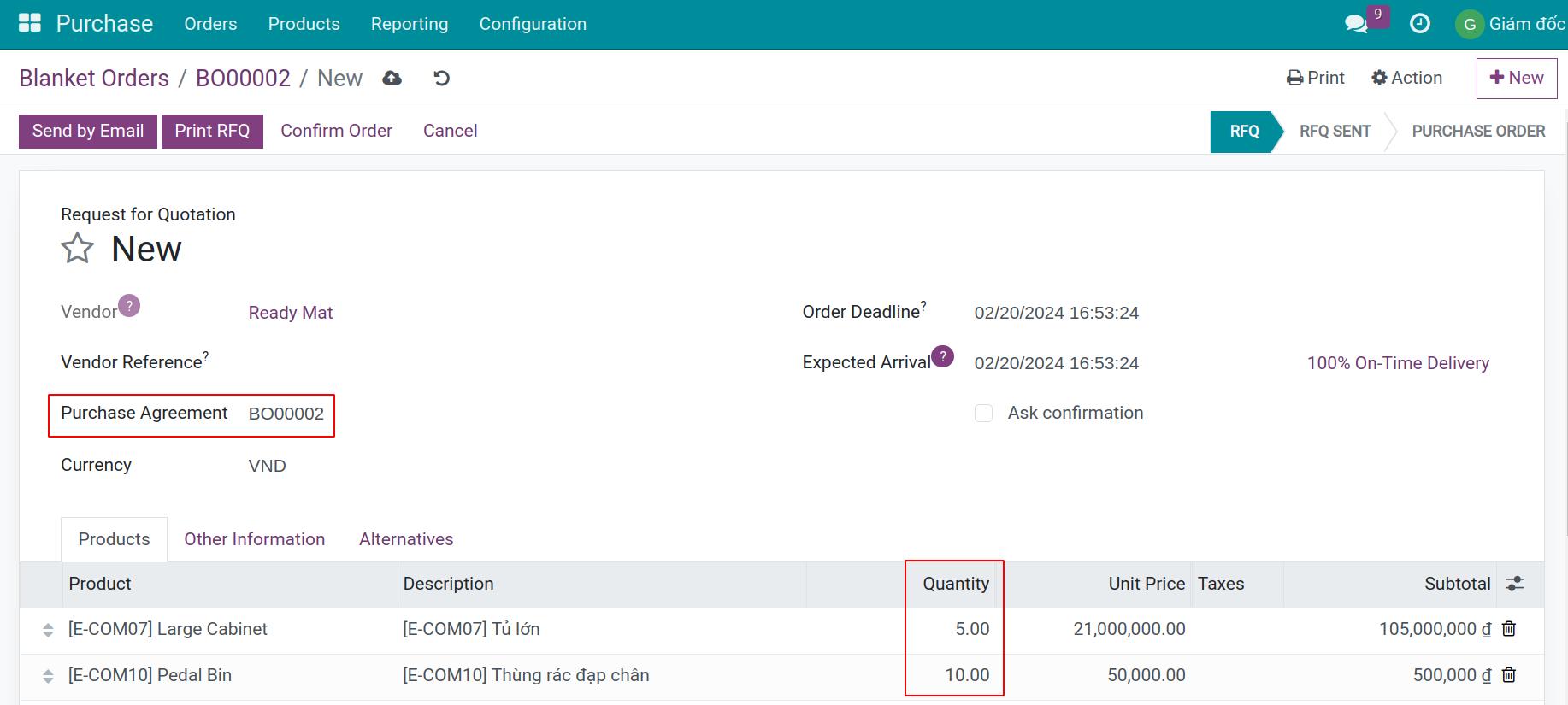 Fulfill the RFQ information associated with the blanket order
