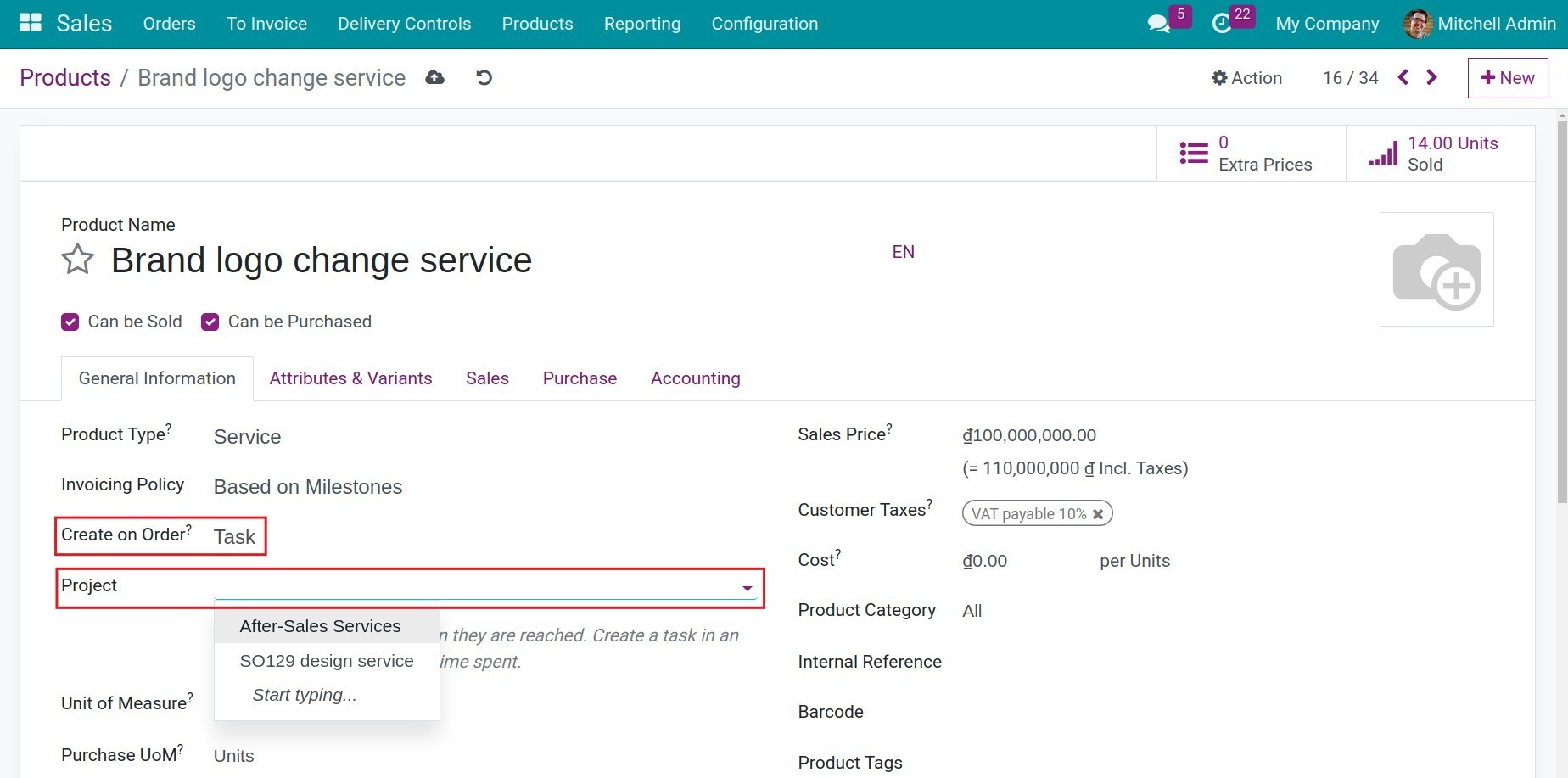 Select the project associated with the created task