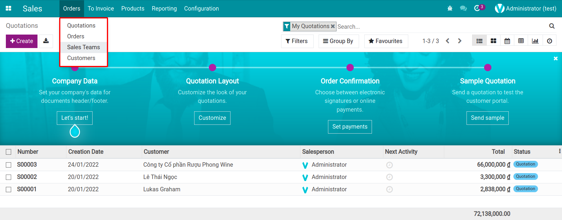 Sub-menu in Sales Application of Viindoo