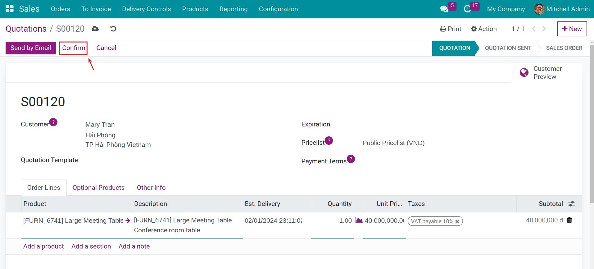 Confirm sales order in Viindoo
