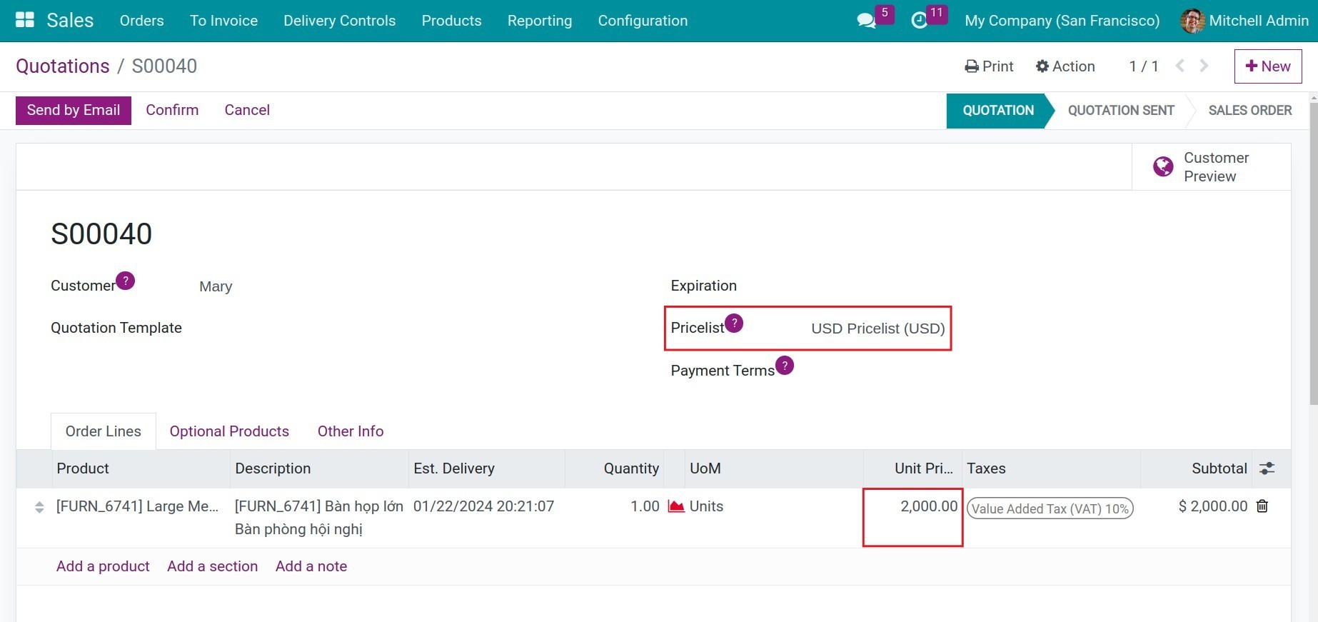 Updated price on a quotation