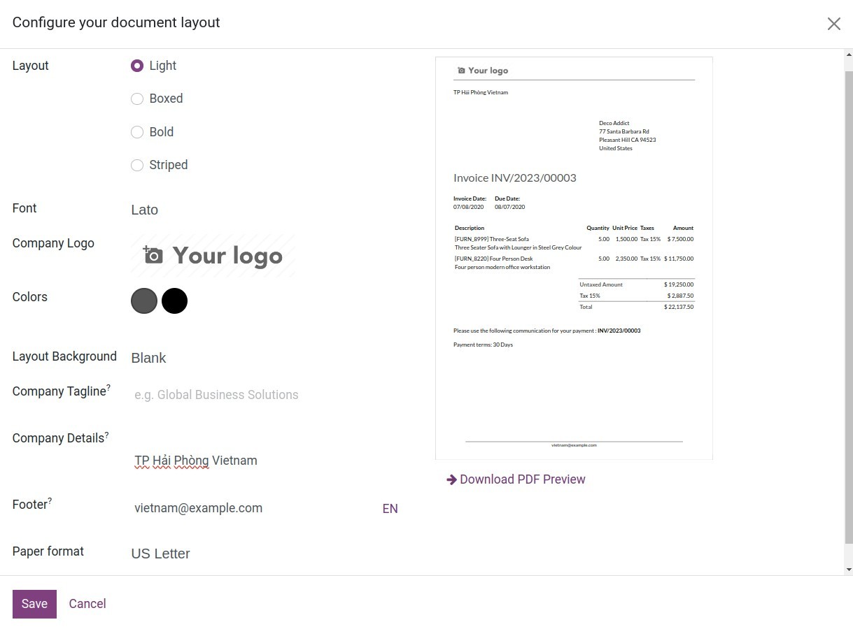 Quotation layout configuration - Viindoo