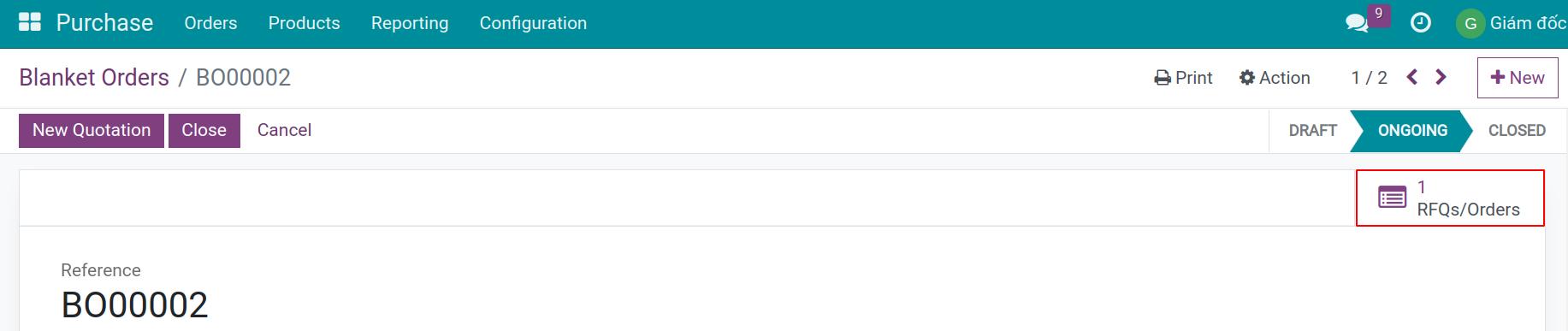 RFQ quantity statistics on the Purchase agreement