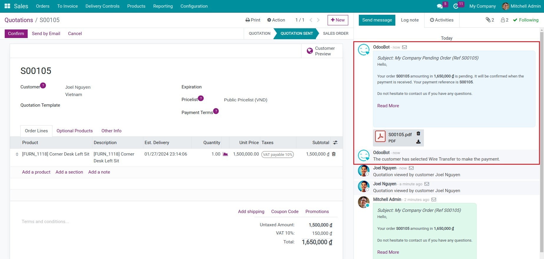 Online payment to confirm order via the wire transfer - Viindoo.