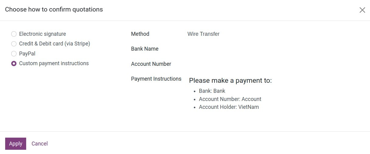 Set up payment method for order confirmation - Viindoo