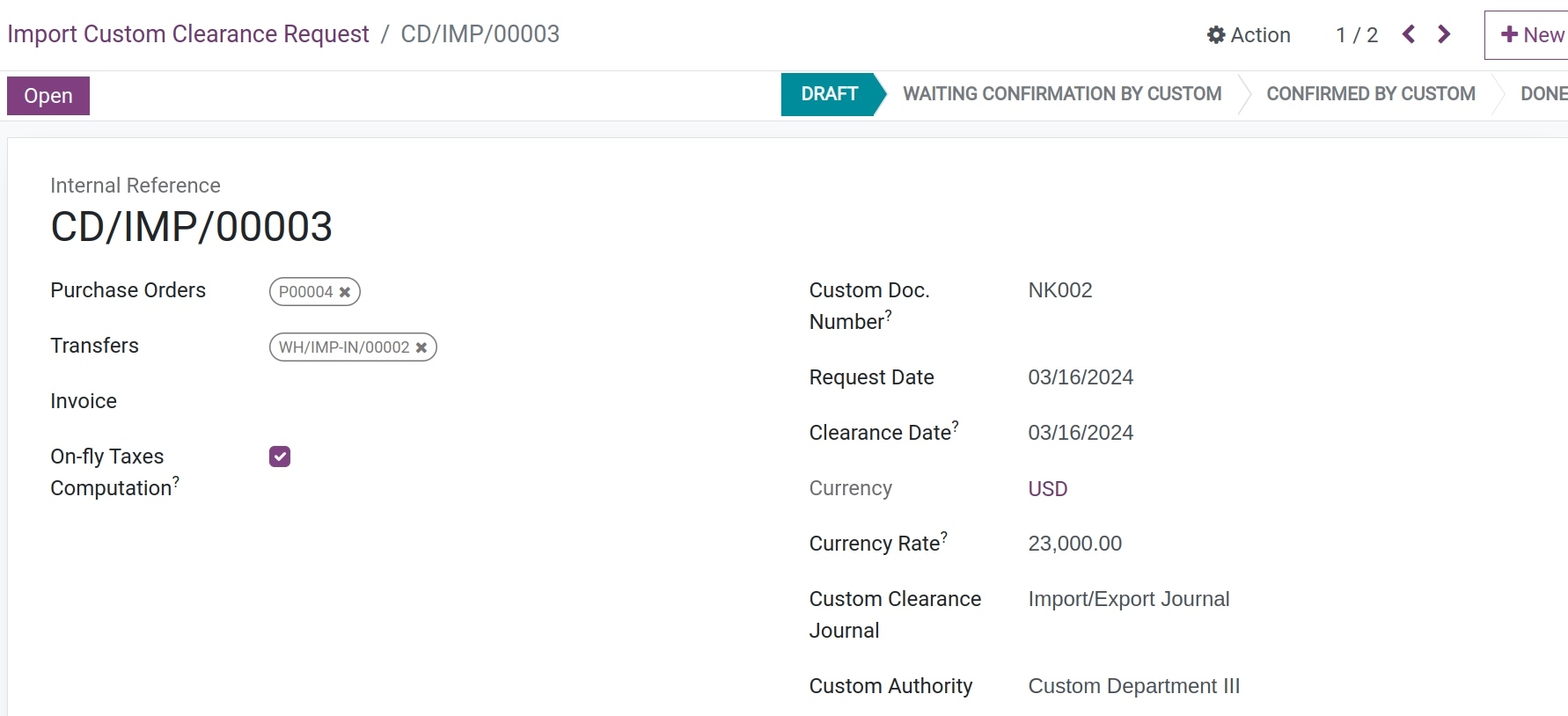 General information on custom clearance request - Viindoo foreign trade app