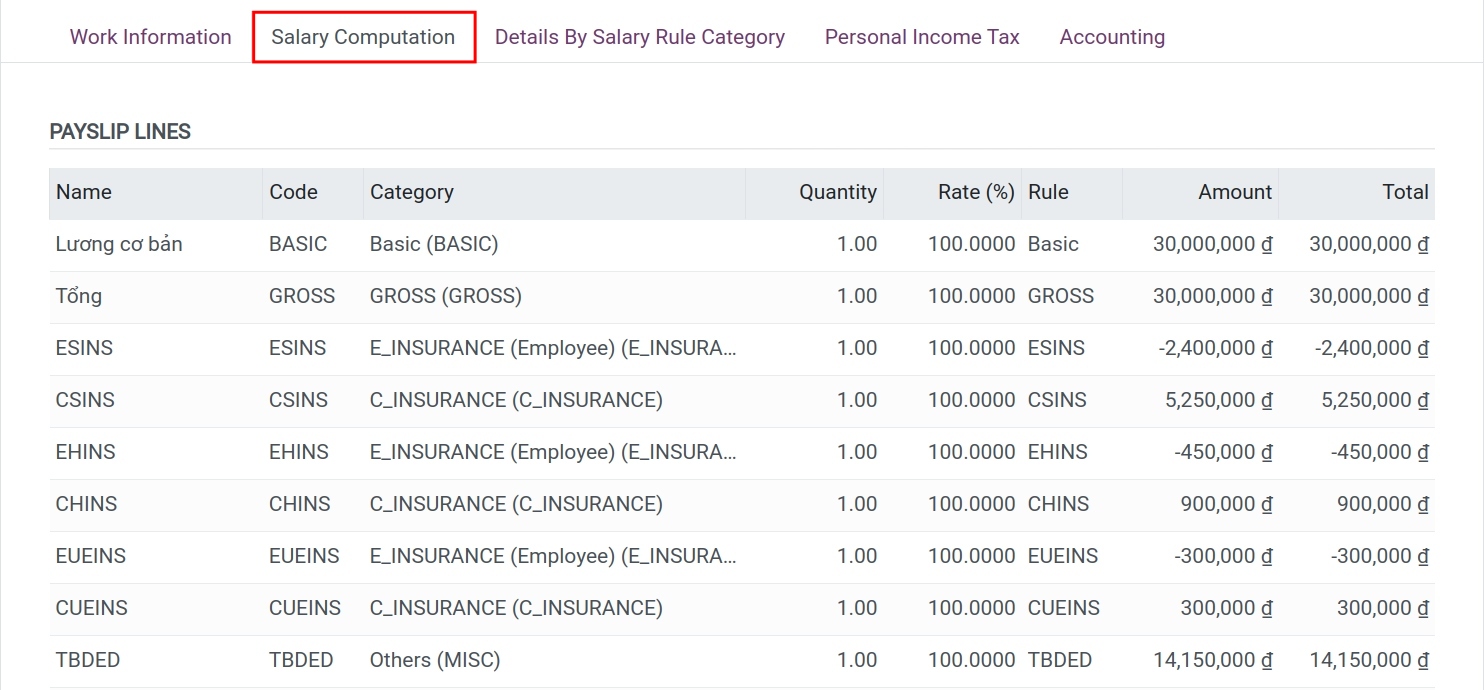 Salary computation tab in Viindoo