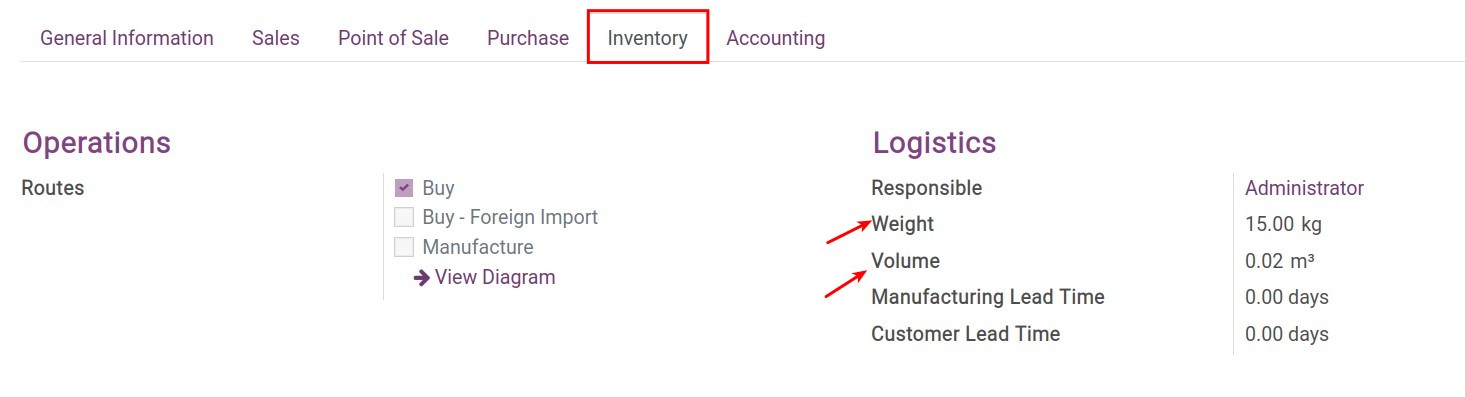 Record the volume and weight for products - Viindoo Accounting