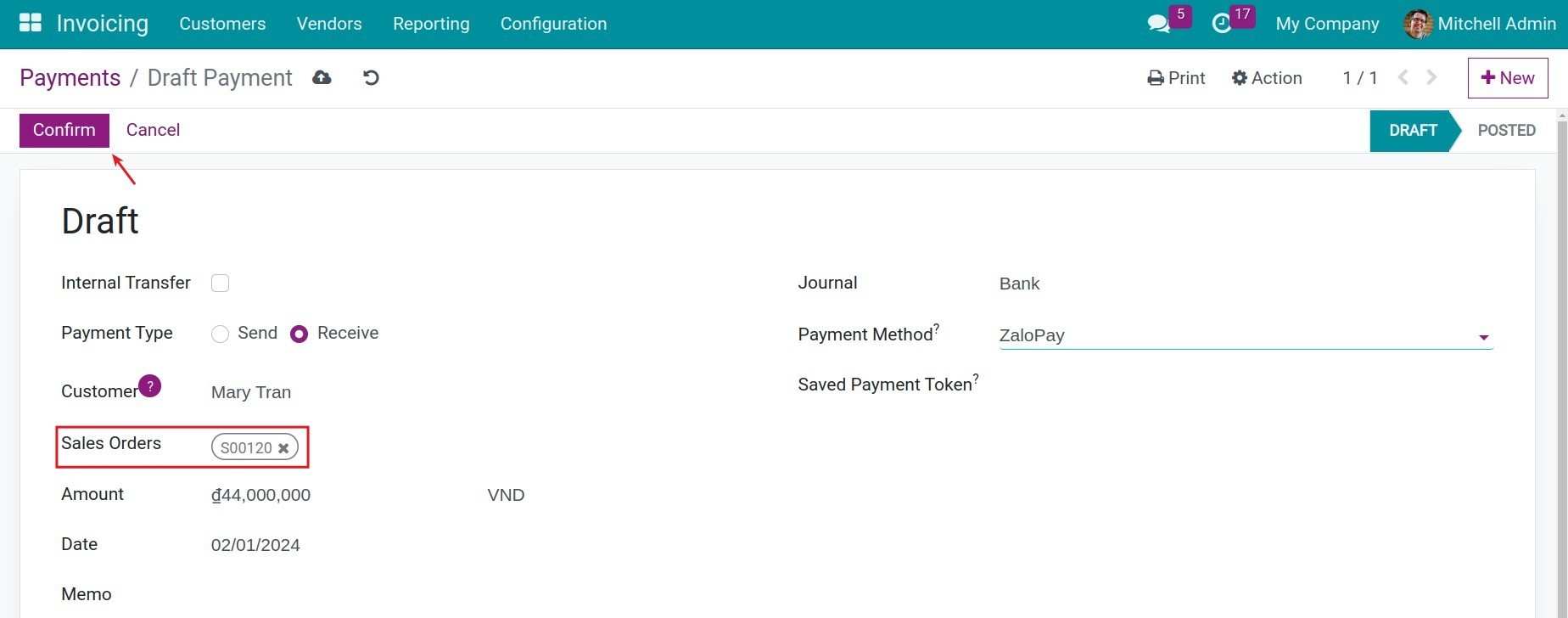 Record the payment note in Viindoo