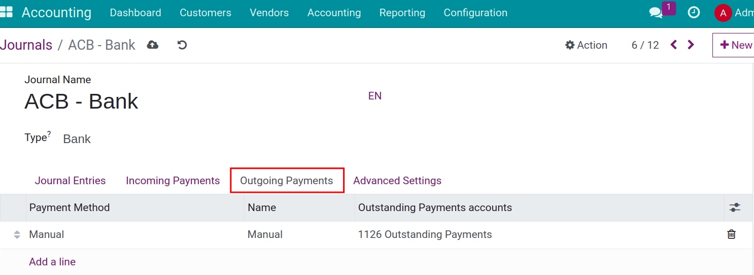 Outgoing Payments configuration in Bank account journal - Viindoo Accounting software