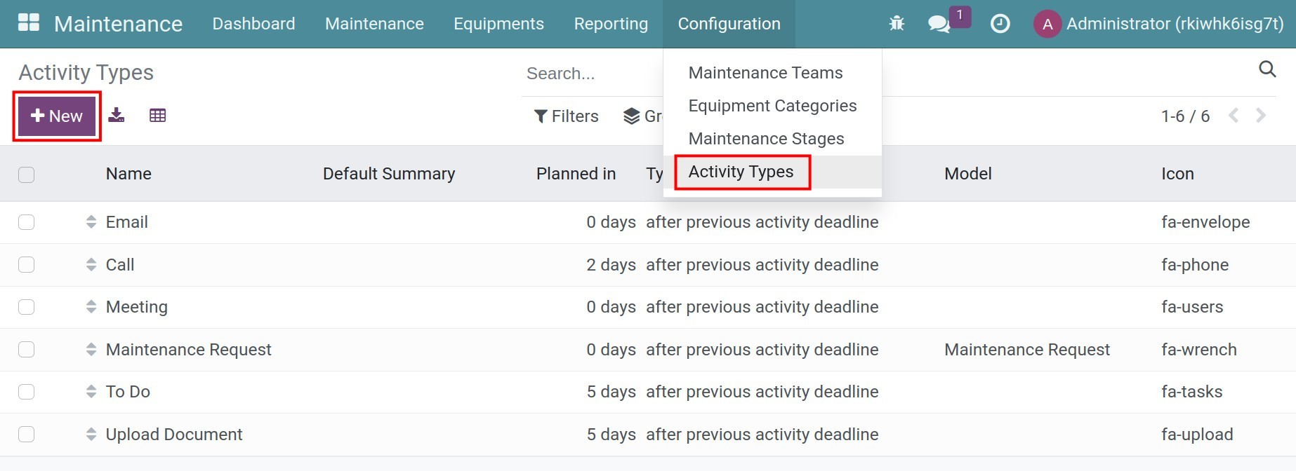 Setting the Activity types