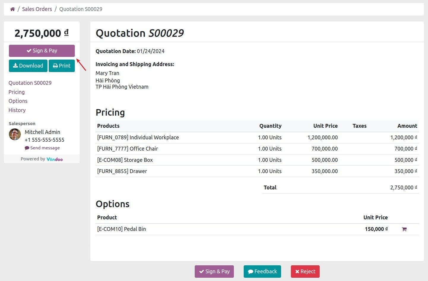 Confirm the quotation online - Viindoo