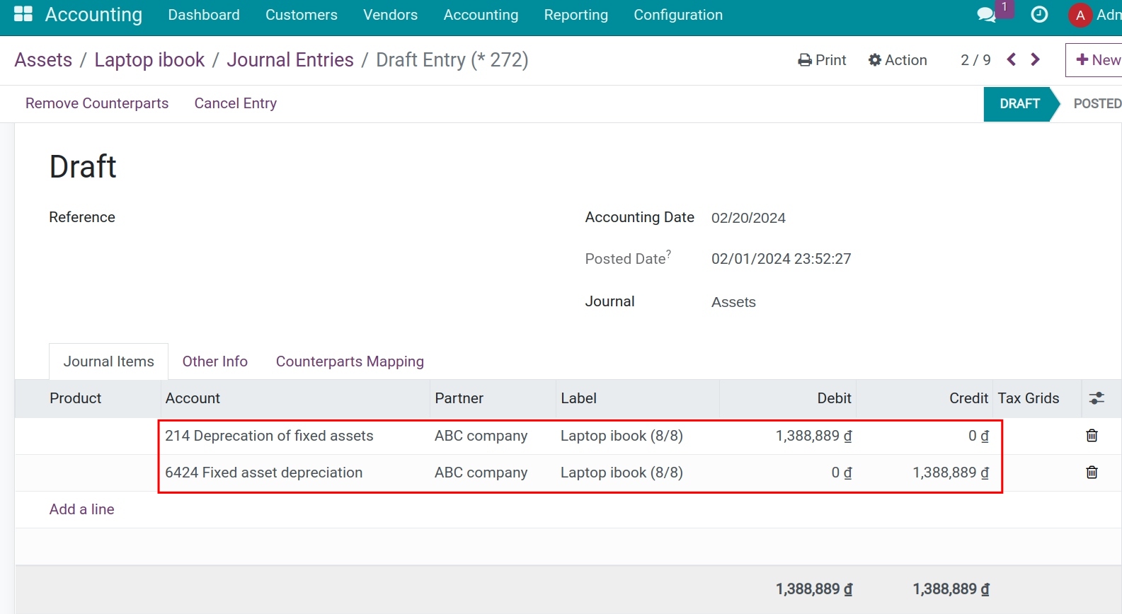 Depreciation adjustment entry on Viindoo