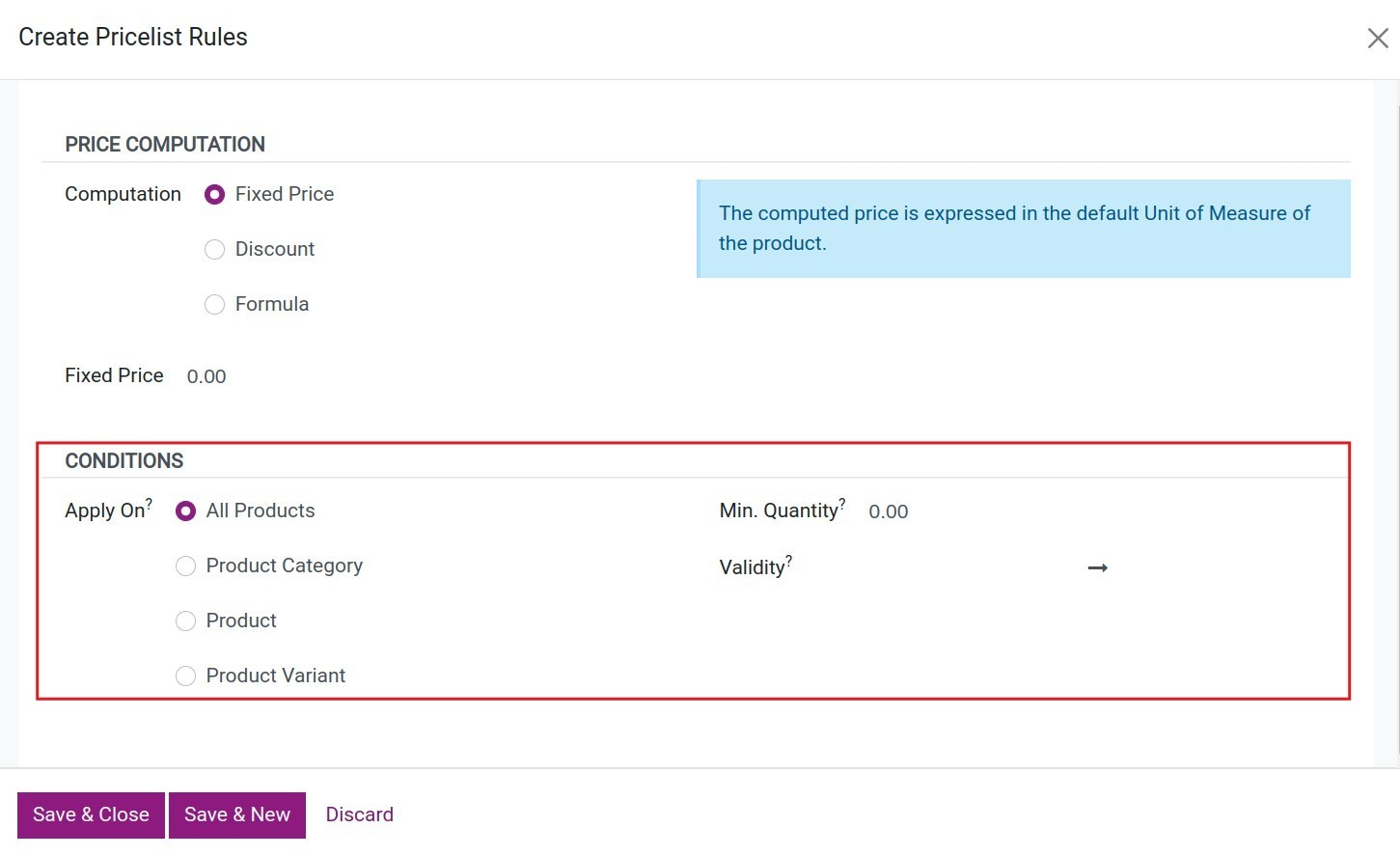 Create pricelist items window