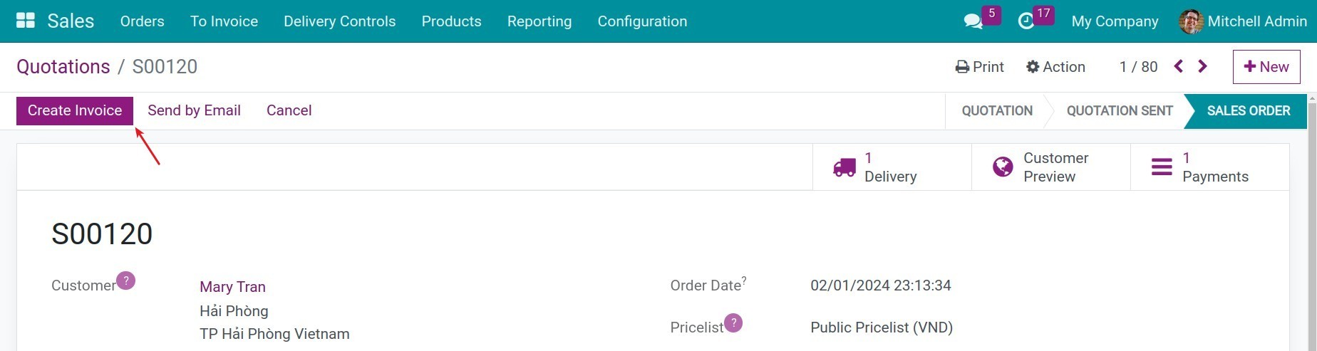 Create invoices in Viindoo sales order